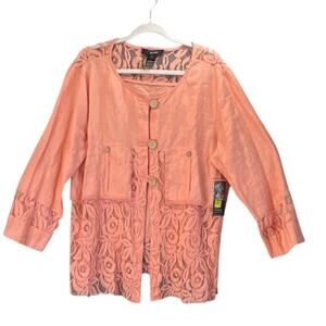 Allie Miles Womens XL Pinkish 100% Linen Lace Artsy Big Button Career Wear NEW